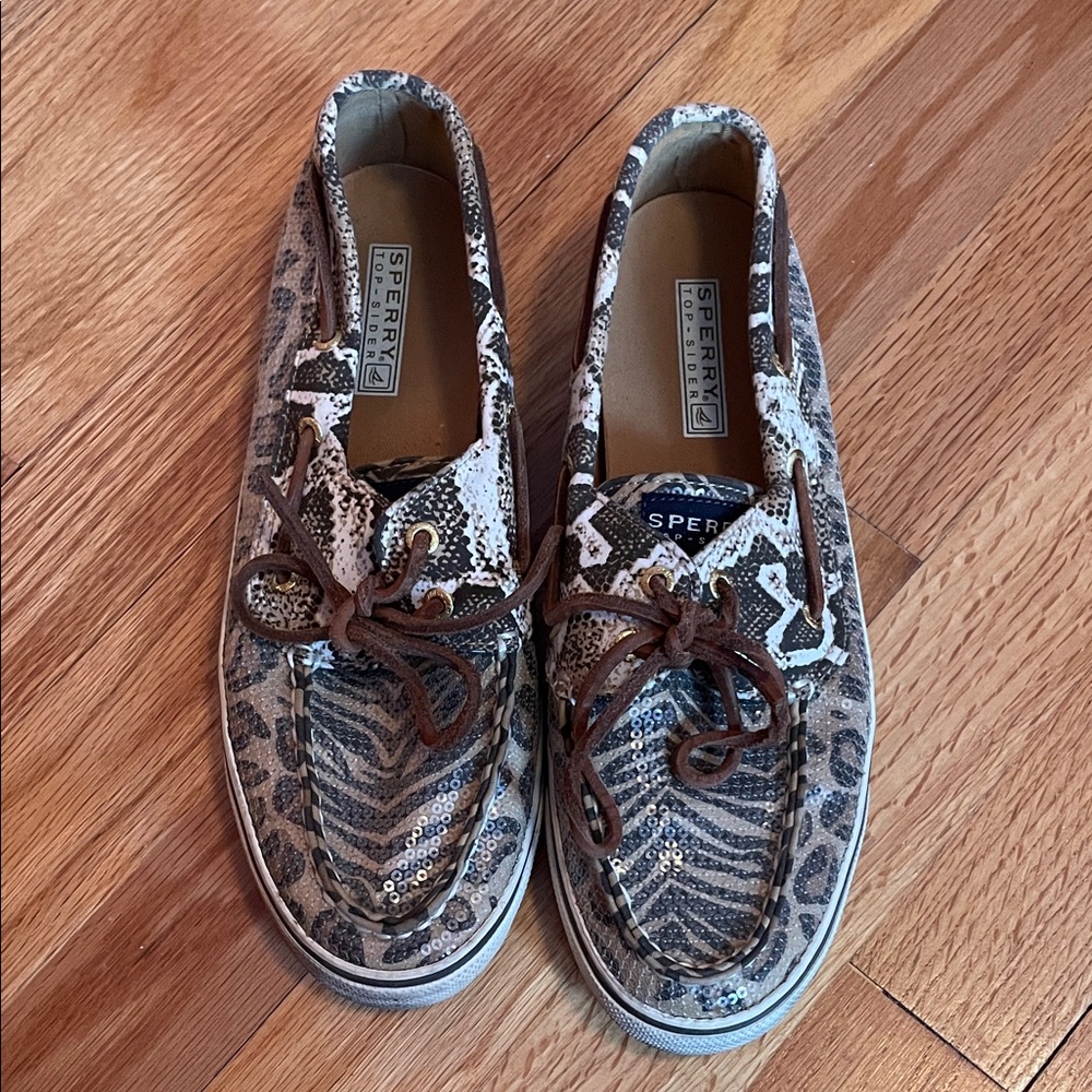 Sperry Leopard Print Boat Shoes with Brown Laces